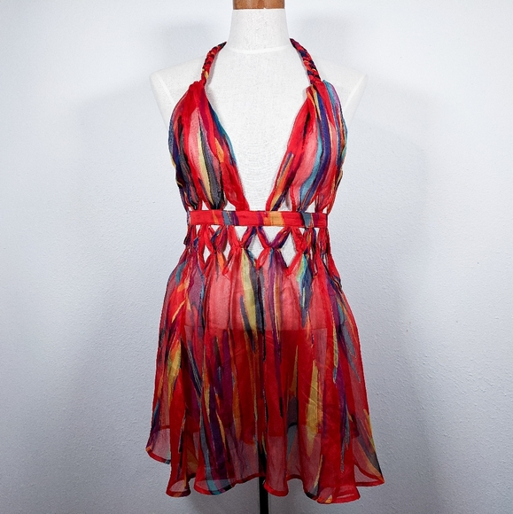 Luxxel Dresses & Skirts - Luxxel Sheer Rainbow Mini Dress Cover-up Size M